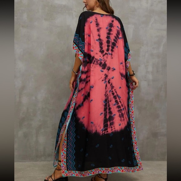 Boho Tie Dye Print Batwing Sleeve Slit Hem Maxi Dress - Picture 7 of 8